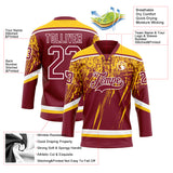 Custom Crimson Yellow-White 3D Splash Hockey Lace Neck Jersey