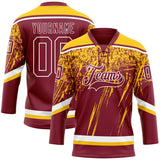 Custom Crimson Yellow-White 3D Splash Hockey Lace Neck Jersey