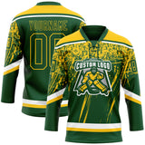 Custom Green Yellow-White 3D Splash Hockey Lace Neck Jersey
