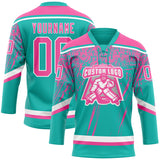 Custom Aqua Pink-White 3D Splash Hockey Lace Neck Jersey