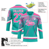 Custom Aqua Pink-White 3D Splash Hockey Lace Neck Jersey