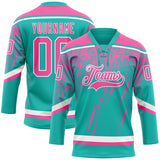Custom Aqua Pink-White 3D Splash Hockey Lace Neck Jersey