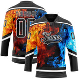 Custom Black White 3D Flame Hockey Lace Neck Jersey