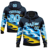 Custom Navy Sky Blue Yellow Black-White 3D Abstract Flame Sports Pullover Sweatshirt Hoodie