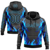 Custom Black Sky Blue 3D Abstract Flame Sports Pullover Sweatshirt Hoodie