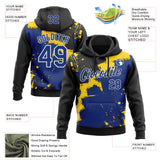 Custom Stitched Black Royal Yellow-White 3D Pattern Design Splash Torn Paper Style Sports Pullover Sweatshirt Hoodie