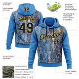 Custom Stitched Blue Navy-Gold 3D Pattern Design Tree Camo Hunting Sports Pullover Sweatshirt Hoodie