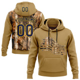 Custom Stitched Old Gold Navy-Yellow 3D Pattern Design Tree Camo American Flag Hunting Sports Pullover Sweatshirt Hoodie