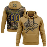 Custom Stitched Old Gold Navy-Yellow 3D Pattern Design Tree Camo American Flag Hunting Sports Pullover Sweatshirt Hoodie