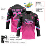 Custom Black Pink-Light Blue 3D Pattern Gradient Square Shapes Hockey Lace Neck Jersey