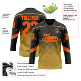 Custom Black Orange-Old Gold 3D Pattern Gradient Square Shapes Hockey Lace Neck Jersey
