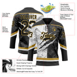 Custom Black White-Old Gold 3D Pattern Gradient Fashion Scratch Hockey Lace Neck Jersey
