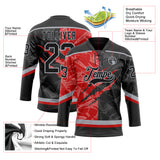 Custom Black Red-Gray 3D Pattern Gradient Fashion Scratch Hockey Lace Neck Jersey