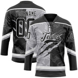 Custom Black Gray-White 3D Pattern Gradient Fashion Scratch Hockey Lace Neck Jersey