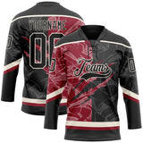 Custom Black Crimson-Cream 3D Pattern Gradient Fashion Scratch Hockey Lace Neck Jersey