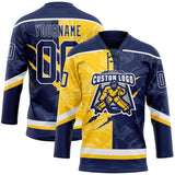 Custom Navy Yellow-White 3D Pattern Gradient Fashion Scratch Hockey Lace Neck Jersey
