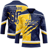 Custom Navy Yellow-White 3D Pattern Gradient Fashion Scratch Hockey Lace Neck Jersey