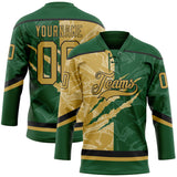 Custom Green Old Gold-Black 3D Pattern Gradient Fashion Scratch Hockey Lace Neck Jersey