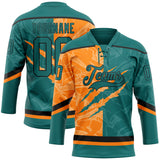 Custom Teal Bay Orange-Black 3D Pattern Gradient Fashion Scratch Hockey Lace Neck Jersey
