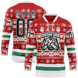 Custom Red Black-White 3D Christmas Ugly Sweater Hockey Lace Neck Jersey