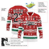 Custom Red Black-White 3D Christmas Ugly Sweater Hockey Lace Neck Jersey