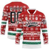 Custom Red Black-White 3D Christmas Ugly Sweater Hockey Lace Neck Jersey