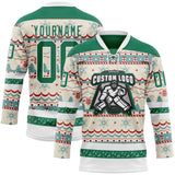 Custom Red Kelly Green-White 3D Christmas Ugly Sweater Hockey Lace Neck Jersey