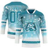 Custom Teal Teal-White 3D Christmas Reindeer Hockey Lace Neck Jersey