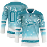 Custom Teal Teal-White 3D Christmas Reindeer Hockey Lace Neck Jersey