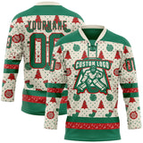 Custom Cream Kelly Green-Red 3D Christmas Hockey Lace Neck Jersey