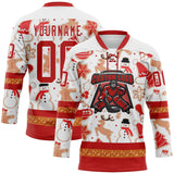 Custom White Red-White 3D Christmas Hockey Lace Neck Jersey