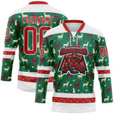Custom Kelly Green Red-White 3D Christmas Reindeer Hockey Lace Neck Jersey