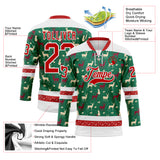 Custom Kelly Green Red-White 3D Christmas Reindeer Hockey Lace Neck Jersey