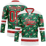 Custom Kelly Green Red-White 3D Christmas Reindeer Hockey Lace Neck Jersey