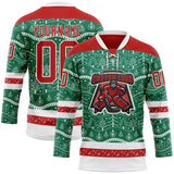 Custom Kelly Green Red-White 3D Christmas Hockey Lace Neck Jersey