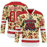 Custom Red Red-White 3D Christmas Hockey Lace Neck Jersey