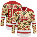 Custom Red Red-White 3D Christmas Hockey Lace Neck Jersey