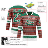 Custom Red Kelly Green-White 3D Christmas Ugly Sweater Hockey Lace Neck Jersey