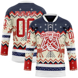 Custom Navy Red-White 3D Christmas Ugly Sweater Hockey Lace Neck Jersey
