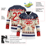 Custom Navy Red-White 3D Christmas Ugly Sweater Hockey Lace Neck Jersey