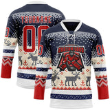 Custom Navy Red-White 3D Christmas Ugly Sweater Hockey Lace Neck Jersey