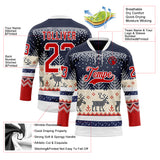 Custom Navy Red-White 3D Christmas Ugly Sweater Hockey Lace Neck Jersey