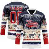 Custom Navy Red-White 3D Christmas Ugly Sweater Hockey Lace Neck Jersey
