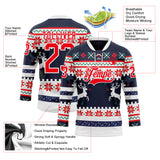 Custom Navy Fire Red-White 3D Christmas Ugly Sweater Hockey Lace Neck Jersey