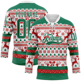 Custom Red Kelly Green-White 3D Christmas Ugly Sweater Hockey Lace Neck Jersey