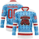 Custom Sky Blue Red-White 3D Christmas Ugly Sweater Hockey Lace Neck Jersey