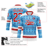 Custom Sky Blue Red-White 3D Christmas Ugly Sweater Hockey Lace Neck Jersey