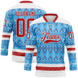 Custom Sky Blue Red-White 3D Christmas Ugly Sweater Hockey Lace Neck Jersey