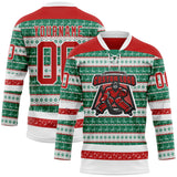 Custom Kelly Green Red-White 3D Christmas Ugly Sweater Hockey Lace Neck Jersey