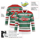 Custom Kelly Green Red-White 3D Christmas Ugly Sweater Hockey Lace Neck Jersey